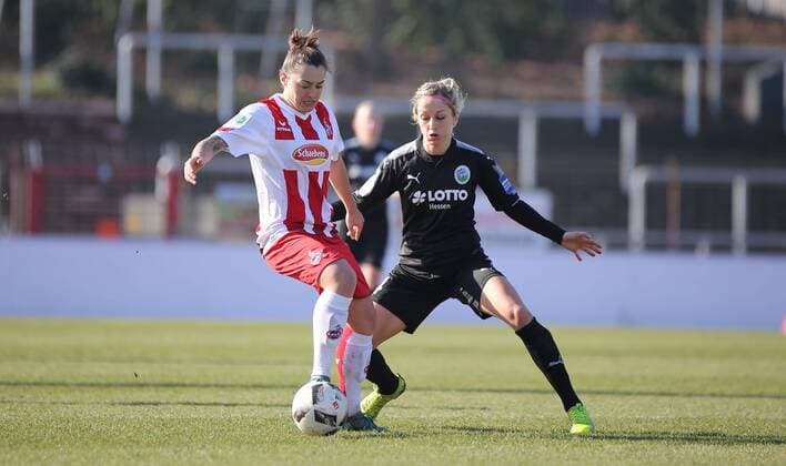 18 02 2018 xcex Germany Cologne football women s football Alliance women Bundesliga season 2017 2018 1 FC Cologne 1 FFC Frankfurt Lidija Kulis Cologne against Kathrin Hendrich Frankfurt