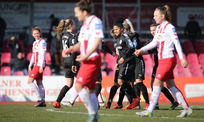 18 02 2018 xcex Germany Cologne football women s football Alliance women Bundesliga season 2017 2018 1 FC Cologne 1 FFC Frankfurt goal celebration FFC Frankfurt Jubilee joy emotion