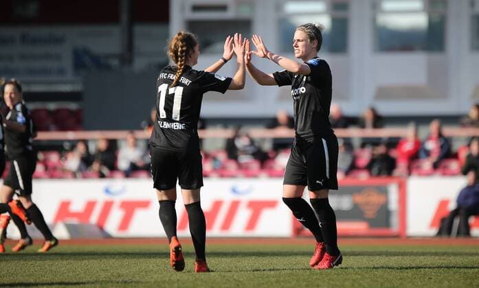 18 02 2018 xcex Germany Cologne football women s football Alliance women Bundesliga season 2017 2018 1 FC Cologne 1 FFC Frankfurt goal celebration FFC Frankfurt Jubilee joy emotion