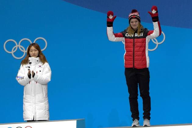 February 18, 2018 - Pyeongchang, South Korea - KIM BOUTIN of Canada celebrates getting the bronze medal in the Ladies 1500m Short Track Speed skating Eisschnelllauf event in the PyeongChang Olympic Games Olympische Spiele Olympia OS Pyeongchang 18: Medal Winners - ZUMAl132 20180218_zap_l132_015 Copyright: xChristopherxLevyx