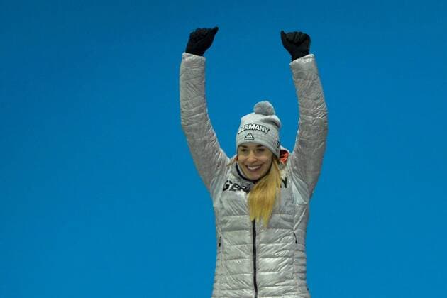 February 18, 2018 - Pyeongchang, South Korea - JACQUELINE LOELLING of Germany celebrates getting the silver medal in the Women s Skeleton event in the PyeongChang Olympic Games Olympische Spiele Olympia OS Pyeongchang 18: Medal Winners - ZUMAl132 20180218_zap_l132_034 Copyright: xChristopherxLevyx