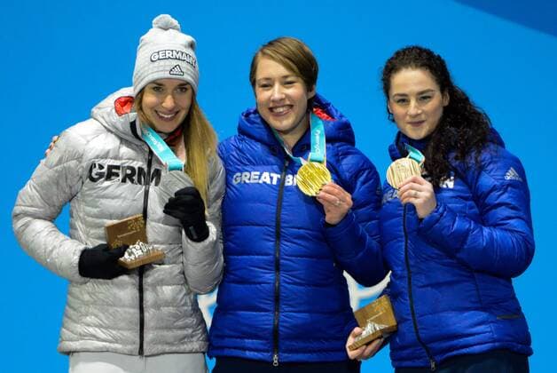 February 18, 2018 - Pyeongchang, South Korea - JACQUELINE LOELLING of Germany (left) , LIZZY YARNOLD of Great Britain (center) and LAURA DEAS of Great Britain with their medals from the Women s Skeleton event in the PyeongChang Olympic Games Olympische Spiele Olympia OS Pyeongchang 18: Medal Winners - ZUMAl132 20180218_zap_l132_039 Copyright: xChristopherxLevyx