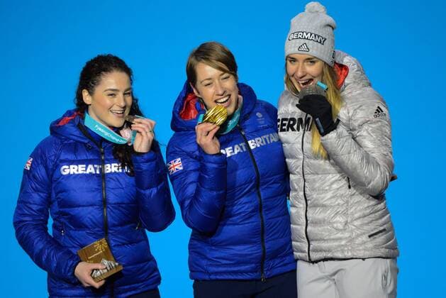 February 18, 2018 - Pyeongchang, South Korea - JACQUELINE LOELLING of Germany (right) , LIZZY YARNOLD of Great Britain (center) and LAURA DEAS of Great Britain with their medals from the Women s Skeleton event in the PyeongChang Olympic Games Olympische Spiele Olympia OS Pyeongchang 18: Medal Winners - ZUMAl132 20180218_zap_l132_041 Copyright: xChristopherxLevyx