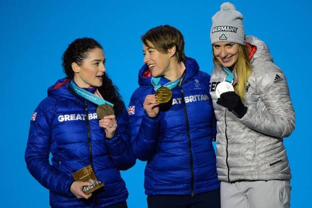February 18, 2018 - Pyeongchang, South Korea - JACQUELINE LOELLING of Germany (right) , LIZZY YARNOLD of Great Britain (center) and LAURA DEAS of Great Britain with their medals from the Women s Skeleton event in the PyeongChang Olympic Games Olympische Spiele Olympia OS Pyeongchang 18: Medal Winners - ZUMAl132 20180218_zap_l132_044 Copyright: xChristopherxLevyx