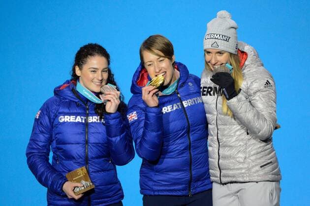 February 18, 2018 - Pyeongchang, South Korea - JACQUELINE LOELLING of Germany (right) , LIZZY YARNOLD of Great Britain (center) and LAURA DEAS of Great Britain with their medals from the Women s Skeleton event in the PyeongChang Olympic Games Olympische Spiele Olympia OS Pyeongchang 18: Medal Winners - ZUMAl132 20180218_zap_l132_045 Copyright: xChristopherxLevyx