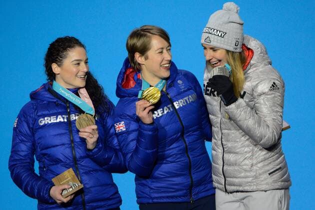 February 18, 2018 - Pyeongchang, South Korea - JACQUELINE LOELLING of Germany (right) , LIZZY YARNOLD of Great Britain (center) and LAURA DEAS of Great Britain with their medals from the Women s Skeleton event in the PyeongChang Olympic Games Olympische Spiele Olympia OS Pyeongchang 18: Medal Winners - ZUMAl132 20180218_zap_l132_046 Copyright: xChristopherxLevyx
