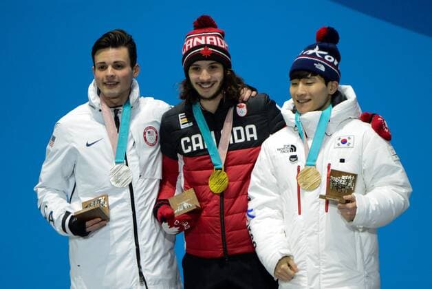 February 18, 2018 - Pyeongchang, South Korea - JOHN-HENRY KRUEGER of the United States (left) , SAMUEL GIRARD of Canada (center) and YIRA SEO of Korea with their medals from the Men s 1000m short track Speed skating Eisschnelllauf event in the PyeongChang Olympic Games Olympische Spiele Olympia OS Pyeongchang 18: Medal Winners - ZUMAl132 20180218_zap_l132_058 Copyright: xChristopherxLevyx