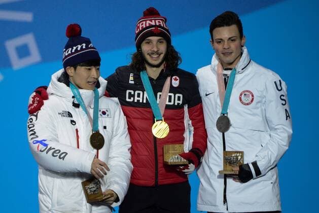 February 18, 2018 - Pyeongchang, South Korea - JOHN-HENRY KRUEGER of the United States (right) , SAMUEL GIRARD of Canada (center) and YIRA SEO of Korea with their medals from the Men s 1000m short track Speed skating Eisschnelllauf event in the PyeongChang Olympic Games Olympische Spiele Olympia OS Pyeongchang 18: Medal Winners - ZUMAl132 20180218_zap_l132_060 Copyright: xChristopherxLevyx