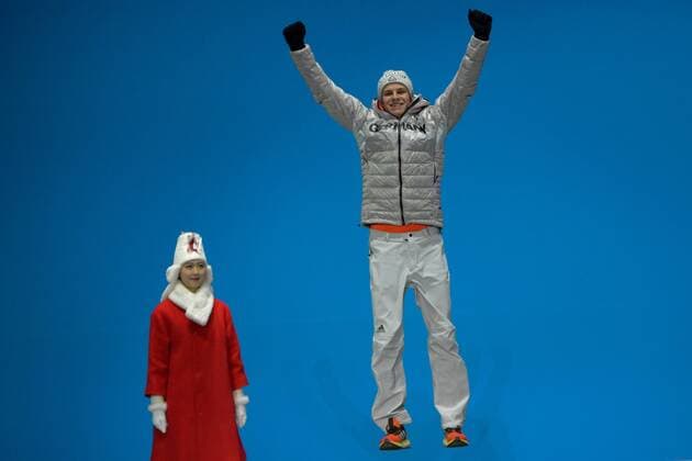 February 18, 2018 - Pyeongchang, South Korea - ANDREAS WELLINGER of germany celebrates getting the silver medal in the Men s Large Hill Individual Ski jumping Skispringen Ski nordisch event in the PyeongChang Olympic Games Olympische Spiele Olympia OS Pyeongchang 18: Medal Winners - ZUMAl132 20180218_zap_l132_064 Copyright: xChristopherxLevyx