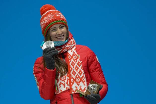 February 18, 2018 - Pyeongchang, South Korea - DARYA DOMRACHEVA of Belarus celebrates getting the silver medal in the Women s 12.5km Mass Start Biathlon event in the PyeongChang Olympic Games Olympische Spiele Olympia OS Pyeongchang 18: Medal Winners - ZUMAl132 20180218_zap_l132_077 Copyright: xChristopherxLevyx