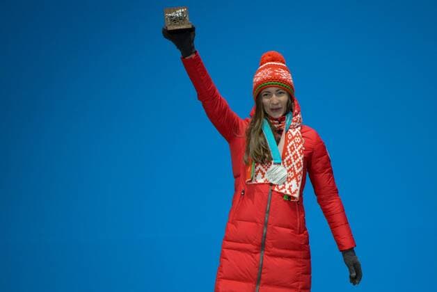 February 18, 2018 - Pyeongchang, South Korea - DARYA DOMRACHEVA of Belarus celebrates getting the silver medal in the Women s 12.5km Mass Start Biathlon event in the PyeongChang Olympic Games Olympische Spiele Olympia OS Pyeongchang 18: Medal Winners - ZUMAl132 20180218_zap_l132_078 Copyright: xChristopherxLevyx