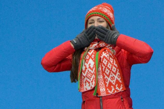 February 18, 2018 - Pyeongchang, South Korea - DARYA DOMRACHEVA of Belarus celebrates getting the silver medal in the Women s 12.5km Mass Start Biathlon event in the PyeongChang Olympic Games Olympische Spiele Olympia OS Pyeongchang 18: Medal Winners - ZUMAl132 20180218_zap_l132_081 Copyright: xChristopherxLevyx