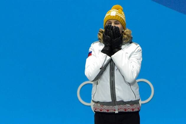 February 18, 2018 - Pyeongchang, South Korea - ANASTASIYA KUZMINA of Slovakia celebrates getting the gold medal in the Women s 12.5km Mass Start Biathlon event in the PyeongChang Olympic Games Olympische Spiele Olympia OS Pyeongchang 18: Medal Winners - ZUMAl132 20180218_zap_l132_083 Copyright: xChristopherxLevyx