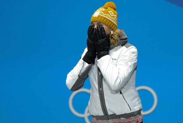 February 18, 2018 - Pyeongchang, South Korea - ANASTASIYA KUZMINA of Slovakia celebrates getting the gold medal in the Women s 12.5km Mass Start Biathlon event in the PyeongChang Olympic Games Olympische Spiele Olympia OS Pyeongchang 18: Medal Winners - ZUMAl132 20180218_zap_l132_086 Copyright: xChristopherxLevyx