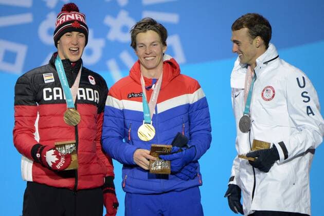 February 18, 2018 - Pyeongchang, South Korea - NICK GOEPPER of the United States (left) , OYSTEIN BRAATEN of Norway (center) and ALEX BEAULIEU-MARCHAND of Canada with their medals from the Men s Slopestyle freestyle skiing event in the PyeongChang Olympic Games Olympische Spiele Olympia OS Pyeongchang 18: Medal Winners - ZUMAl132 20180218_zap_l132_125 Copyright: xChristopherxLevyx