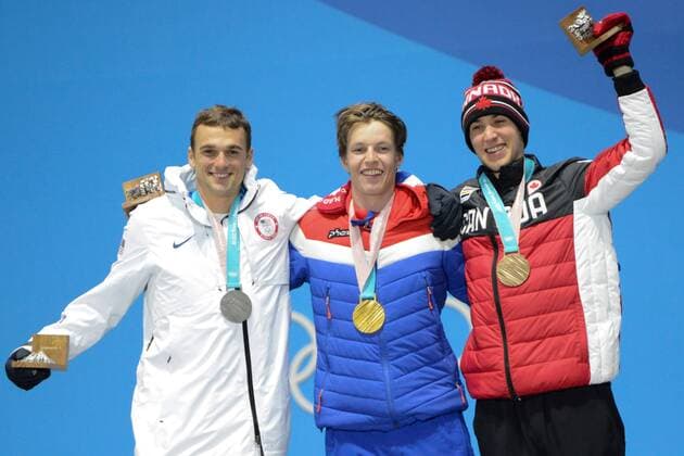 February 18, 2018 - Pyeongchang, South Korea - NICK GOEPPER of the United States (left) , OYSTEIN BRAATEN of Norway (center) and ALEX BEAULIEU-MARCHAND of Canada with their medals from the Men s Slopestyle freestyle skiing event in the PyeongChang Olympic Games Olympische Spiele Olympia OS Pyeongchang 18: Medal Winners - ZUMAl132 20180218_zap_l132_127 Copyright: xChristopherxLevyx