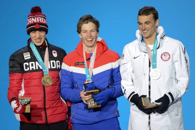 February 18, 2018 - Pyeongchang, South Korea - NICK GOEPPER of the United States (left) , OYSTEIN BRAATEN of Norway (center) and ALEX BEAULIEU-MARCHAND of Canada with their medals from the Men s Slopestyle freestyle skiing event in the PyeongChang Olympic Games Olympische Spiele Olympia OS Pyeongchang 18: Medal Winners - ZUMAl132 20180218_zap_l132_129 Copyright: xChristopherxLevyx