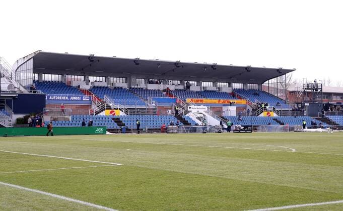 Kiel 17 02 2018 Holstein Stadium Football 2 Bundesliga 23 match day KSV Holstein Kiel vs FC Erzgebirge Aue 2 2 2 2 In the main grandstand grandstand Holstein Kiel Stadium view