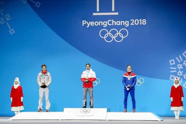 OLYMPICS - 2018 Winter Olympics PYEONGCHANG,SOUTH KOREA,18.FEB.18 - OLYMPICS, NORDIC SKIING, Ski jumping Skispringen Ski nordisch - Olympic Winter games Winterspiele Spiele Summer games PyeongChang 2018, Medals Plaza, large hill, men, award ceremony. Image shows Andrea Wellinger (GER), Kamil Stoch (POL) and Robert Johansson (NOR). Keywords: medals. GEPAxpictures xMaticxKlansek