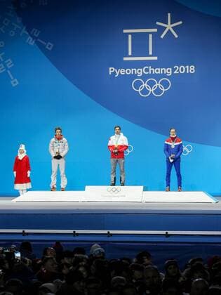 OLYMPICS - 2018 Winter Olympics PYEONGCHANG,SOUTH KOREA,18.FEB.18 - OLYMPICS, NORDIC SKIING, Ski jumping Skispringen Ski nordisch - Olympic Winter games Winterspiele Spiele Summer games PyeongChang 2018, Medals Plaza, large hill, men, award ceremony. Image shows Andrea Wellinger (GER), Kamil Stoch (POL) and Robert Johansson (NOR). Keywords: medals. GEPAxpictures xMaticxKlansek