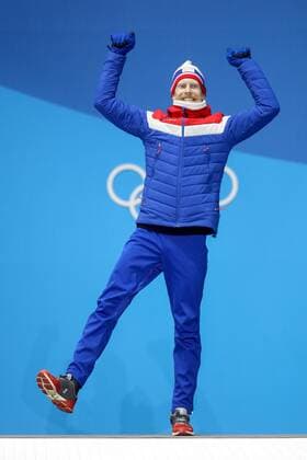 OLYMPICS - 2018 Winter Olympics PYEONGCHANG,SOUTH KOREA,18.FEB.18 - OLYMPICS, NORDIC SKIING, Ski jumping Skispringen Ski nordisch - Olympic Winter games Winterspiele Spiele Summer games PyeongChang 2018, Medals Plaza, large hill, men, award ceremony. Image shows the rejoicing of Robert Johansson (NOR). GEPAxpictures xMaticxKlansek