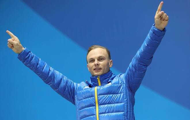 PYEONGCHANG, SOUTH KOREA â€“ FEBRUARY 19, 2018: Gold medallist Oleksandr Abramenko of Ukraine poses at a victory ceremony for the men s freestyle skiing aerials at the 2018 Winter Olympic Games Olympische Spiele Olympia OS Sergei Bobylev TASS  TS074A5B