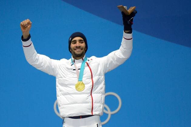 February 19, 2018 - Pyeongchang, South Korea - MARTIN FOURCADE of France celebrates getting the gold medal in the Men s 15km Mass Start biathlon event in the PyeongChang Olympic Games Olympische Spiele Olympia OS Pyeongchang 18: Medal Winners - ZUMAl132 20180219_zap_l132_011 Copyright: xChristopherxLevyx