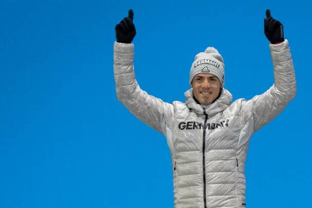 February 19, 2018 - Pyeongchang, South Korea - SIMON SCHEMPP of Germany celebrates getting the silver medal in the Men s 15km Mass Start biathlon event in the PyeongChang Olympic Games Olympische Spiele Olympia OS Pyeongchang 18: Medal Winners - ZUMAl132 20180219_zap_l132_006 Copyright: xChristopherxLevyx