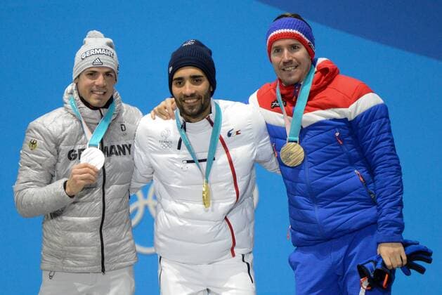 February 19, 2018 - Pyeongchang, South Korea - SIMON SCHEMPP of Germany (left) , MARTIN FOURCADE of France (center) and EMIL HEGLE SVENDSEN of Norway with their medals from the Men s 15km Mass Start biathlon event in the PyeongChang Olympic Games Olympische Spiele Olympia OS Pyeongchang 18: Medal Winners - ZUMAl132 20180219_zap_l132_012 Copyright: xChristopherxLevyx