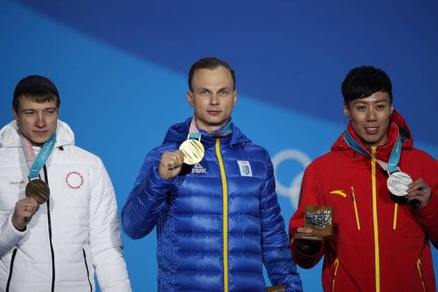 OLYMPICS - 2018 Winter Olympics PYEONGCHANG,SOUTH KOREA,19.FEB.18 - OLYMPICS, FREESTYLE SKIING - Olympic Winter games Winterspiele Spiele Summer games PyeongChang 2018, Medals Plaza, Aerials, men, award ceremony. Image shows Ilia Burov (OAR), Oleksandr Abramenko (UKR) and Jia Zongyang (CHN). Keywords: medal. GEPAxpictures xAndreasxPranter