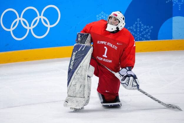 GANGNEUNG, SOUTH KOREA - FEBRUARY 19, 2018: Olympic Athlete from Russia, goaltender Valeria Tarakanova in a women s semifinal Ice hockey Eishockey match against Canada as part of the 2018 Winter Olympic Games Olympische Spiele Olympia OS at the Gangneung Hockey Centre. Sergei Bobylev TASS  TS074AD8