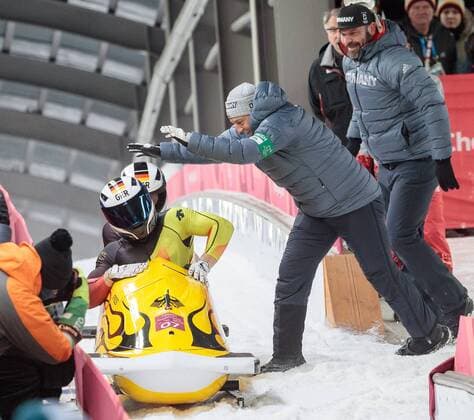 19 02 2018 Olympic sliding centre PyeongChang KOR PyeongChang 2018 Bob two-seater gentlemen pictured Francesco Friedrich Thorsten Margis GER 1 square gold medalist and Olympic champion Francesco Friedrich Thorsten Margis of Germany during the mens doubles bobsleigh of the PyeongChang 2018 Winter Olympic Games at the Olympic sliding centre in PyeongChang of South Korea on 2018 02 19 PyeongChang  EX_GRO