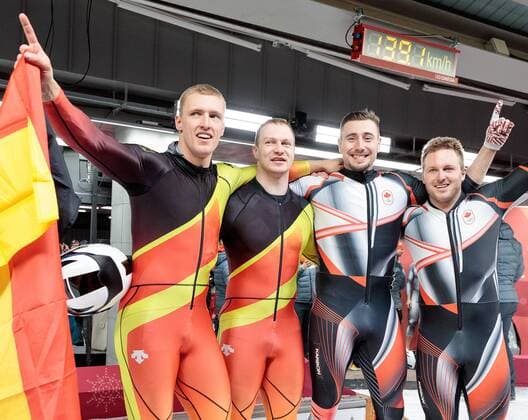 19 02 2018 Olympic sliding centre PyeongChang KOR PyeongChang 2018 Bob two-seater gentlemen pictured Francesco Friedrich Thorsten Margis GER 1 place Justin Kripps Alexander Kopacz CAN 1 place gold medalist and Olympic champion Francesco Friedrich Thorsten Margis of Germany on Justin Kripps Alexander Kopacz of Canada during the mens doubles bobsleigh of the PyeongChang 2018 Winter Olympic Games at the Olympic sliding centre in PyeongChang of South Korea on 2018 02 19 PyeongChang  EX_GRO