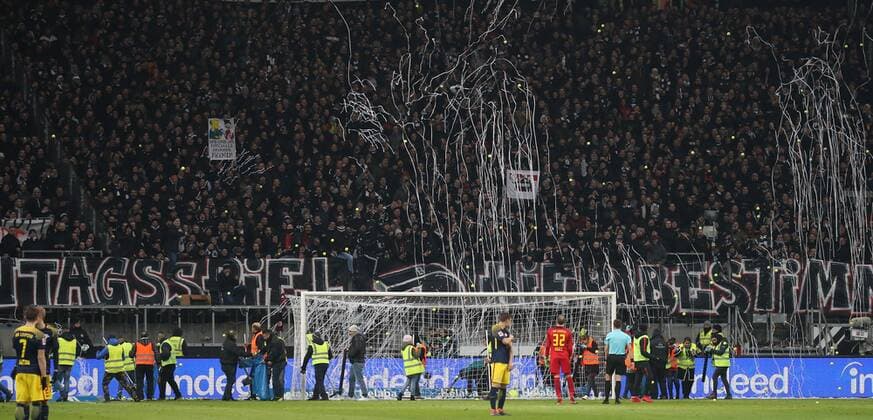 Football 1 Bundesliga Eintracht Frankfurt RB Leipzig 23 match day on 19 02 2018 in the Commerzbank Arena Frankfurt xmdx eintracht fans fire to start of the second half to play streamers and tennis balls on the field of play Eintracht Frankfurt RB Leipzig
