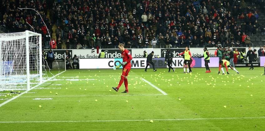 Frankfurt fans have as a protest against the Monday game of tennis balls in the Strafaum by Peter Gulacsi Leipzig thrown Eintracht Frankfurt vs RB Leipzig Soccer 1 League 19 02 2018 Frankfurt Copyright: xEIBNER RenexWeissx EP_RWS