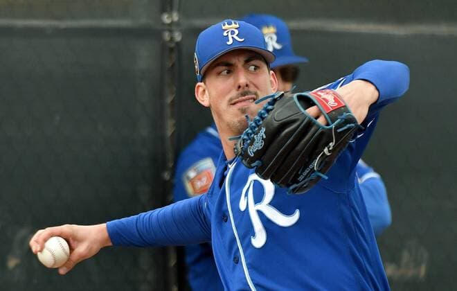February 19, 2018 - Surprise, AZ, USA - Kansas City Royals pitcher Kyle Zimmer throws during Monday s spring training workout on Feb. 19, 2018 in Surprise, Ariz. Spring training - ZUMAm67_ 20180219_zaf_m67_037 Copyright: xJohnxSleezerx
