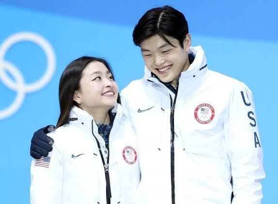 (180220) -- PYEONGCHANG, Feb. 20, 2018 -- Bronze medalists Maia Shibutani (L) and Alex Shibutani of the United States react during medal ceremony of ice dance event of Figure skating Eiskunstlauf at the 2018 PyeongChang Winter Olympic Games Olympische Spiele Olympia OS at Medal Plaza, PyeongChang, South Korea, Feb. 20, 2018. ) (SP)OLY-SOUTH KOREA-PYEONGCHANG-FIGURE SKATING-ICE DANCE-MEDAL CEREMONY WuxZhuang 