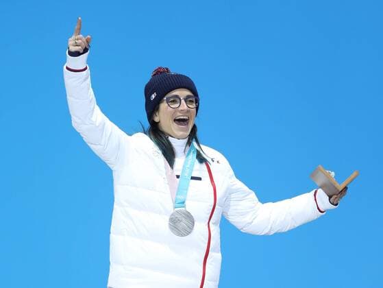 (180220) -- PYEONGCHANG, Feb. 20, 2018 -- Silver medalist Marie Martinod of France celebrates during medal ceremony of ladies ski halfpipe of freestyle skiing at the 2018 PyeongChang Winter Olympic Games Olympische Spiele Olympia OS at Medal Plaza, PyeongChang, South Korea, Feb. 20, 2018. ) (SP)OLY-SOUTH KOREA-PYEONGCHANG-FREESTYLE SKIING-LADIES SKI HALFPIPE-MEDAL CEREMONY WuxZhuang 
