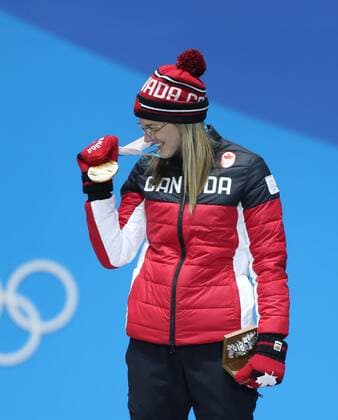 (180220) -- PYEONGCHANG, Feb. 20, 2018 -- Gold medalist Cassie Sharpe of Canada reacts during medal ceremony of ladies ski halfpipe of freestyle skiing at the 2018 PyeongChang Winter Olympic Games Olympische Spiele Olympia OS at Medal Plaza, PyeongChang, South Korea, Feb. 20, 2018. ) (SP)OLY-SOUTH KOREA-PYEONGCHANG-FREESTYLE SKIING-LADIES SKI HALFPIPE-MEDAL CEREMONY WuxZhuang 