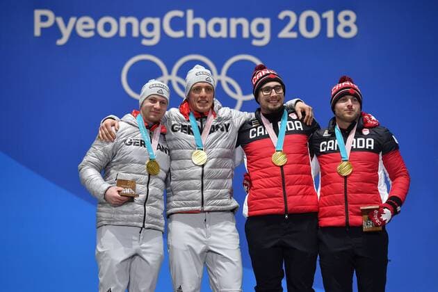 v li Francesco FRIEDRICH Thorsten MARGIS GER Justin KRIPS Alexander KOPACS CAN of two Bob men s two man Bob double Gold winner Villa victory ceremony PyeongChang Olympic medals Plaza on 20 02 2018 Winter Olympics 2018 from 09 02 25 02 2018 in PyeongChang of South Korea