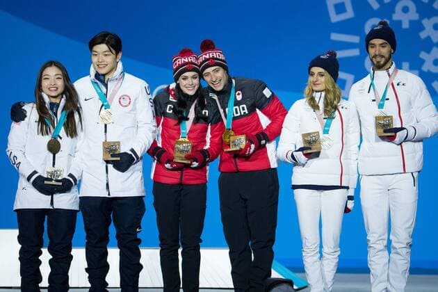 From left Ice Dance bronze medalists Maia and Alex Shibutani of the United States, gold medalists Tessa Virtue and Scott Moir of Canada and silver medalists Gabriella Papadakis and Guillaume Cizeron of France pose for a photo during the medals ceremony at Pyeongchang Medals Plaza in Pyeongchang, South Korea on February 20, 2018.  OLY20180220132 MATTHEWxHEALEY
