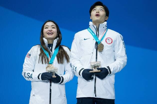 Ice Dance bronze medalists Maia and Alex Shibutani of the United States react after receiving their medals during the medals ceremony at Pyeongchang Medals Plaza in Pyeongchang, South Korea on February 20, 2018.  OLY20180220129 MATTHEWxHEALEY
