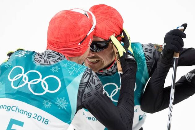 180220 Eric Frenzel Johannes Rydzek and Fabian Riessle of Germany Gold celebrates after the Nordic Combined Individual Gundersen LH 10 km during day eleven of the 2018 Winter Olympics on February 20 2018 in Pyeongchang Photo Jon Olav Nesvold BILDBYRAN code JE 160187  Copyright: JONxOLAVxNESVOLD BB180220JE105