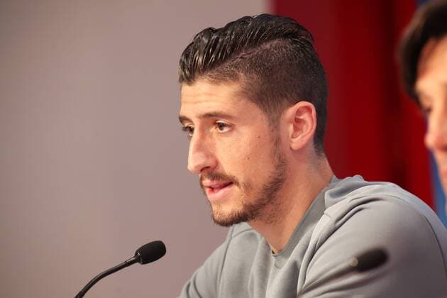 20th February 2018, Ramon Sanchez Pizjuan, Seville, Spain; UEFA Champions League football, Sevilla versus Manchester United ManU pre match training and press conference PK Pressekonferenz Sergio Escudero from Sevilla FC during the Press Conference  ActionPlus11990372