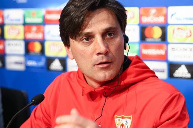 20th February 2018, Ramon Sanchez Pizjuan, Seville, Spain; UEFA Champions League football, Sevilla versus Manchester United ManU pre match training and press conference PK Pressekonferenz Vincenzo Montella, coach from Sevilla FC during the Press Conference  ActionPlus11990376