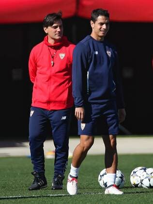 20th February 2018, Ramon Sanchez Pizjuan, Seville, Spain; UEFA Champions League football, Sevilla versus Manchester United ManU pre match training and press conference PK Pressekonferenz Wissam Ben Yedder and Montella from Sevilla FC during the training  ActionPlus11990386