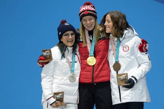 February 20, 2018 - Pyeongchang, South Korea - MARIE MARTINOD Of France , (left) , CASSIE SHARPE of Canada (center) and BRITA SIGOURNEV of The United States withtheir medals from the Ladies Ski Halfpipe freestyle skiing event in the PyeongChang Olympic Games Olympische Spiele Olympia OS Pyeongchang 18: Medal Winners - ZUMAl132 20180220_zap_l132_034 Copyright: xChristopherxLevyx