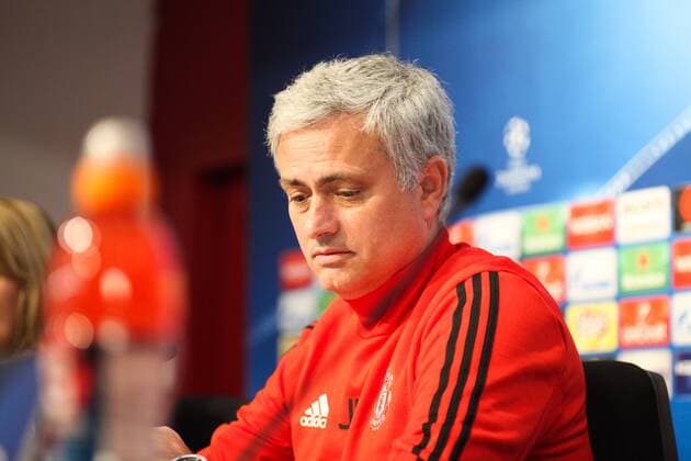 20th February 2018, Ramon Sanchez Pizjuan, Seville, Spain; UEFA Champions League football, Sevilla versus Manchester United ManU pre match training and press conference PK Pressekonferenz Jose Mourinho, Manchester United Coach looks on during the Press Conference  ActionPlus11990575