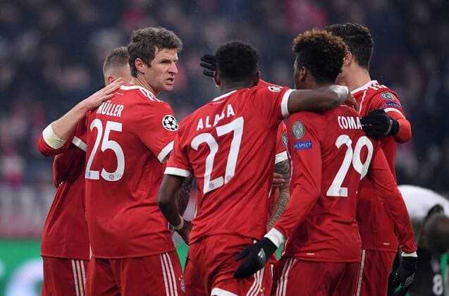 Football CHAMPIONS LEAGUE season 2017 2018 KNOCKOUT first leg FC Bayern München Besiktas Istanbul 20 02 2018 goal celebration after 1 0 Joshua Kimmich Thomas Mueller David Alaba Kingsley Coman and Robert Lewandowski v l of all FC Bayern München Munich