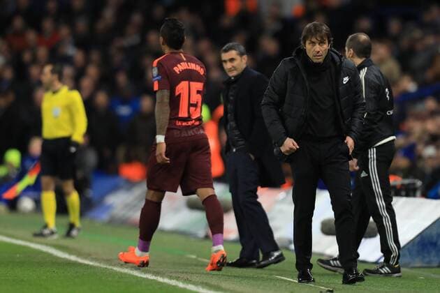 20th February 2018, Stamford Bridge, London, England; UEFA Champions League football, round of 16, 1st leg, Chelsea versus FC Barcelona Barca Chelsea Manager Antonio Conte looks upset as Paulhino walks away  ActionPlus11990598